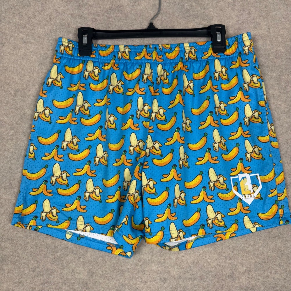 B101 Apparel Banana Mesh Shorts YXL 28W Blue Fruit Print Athletic Streetwear Fun